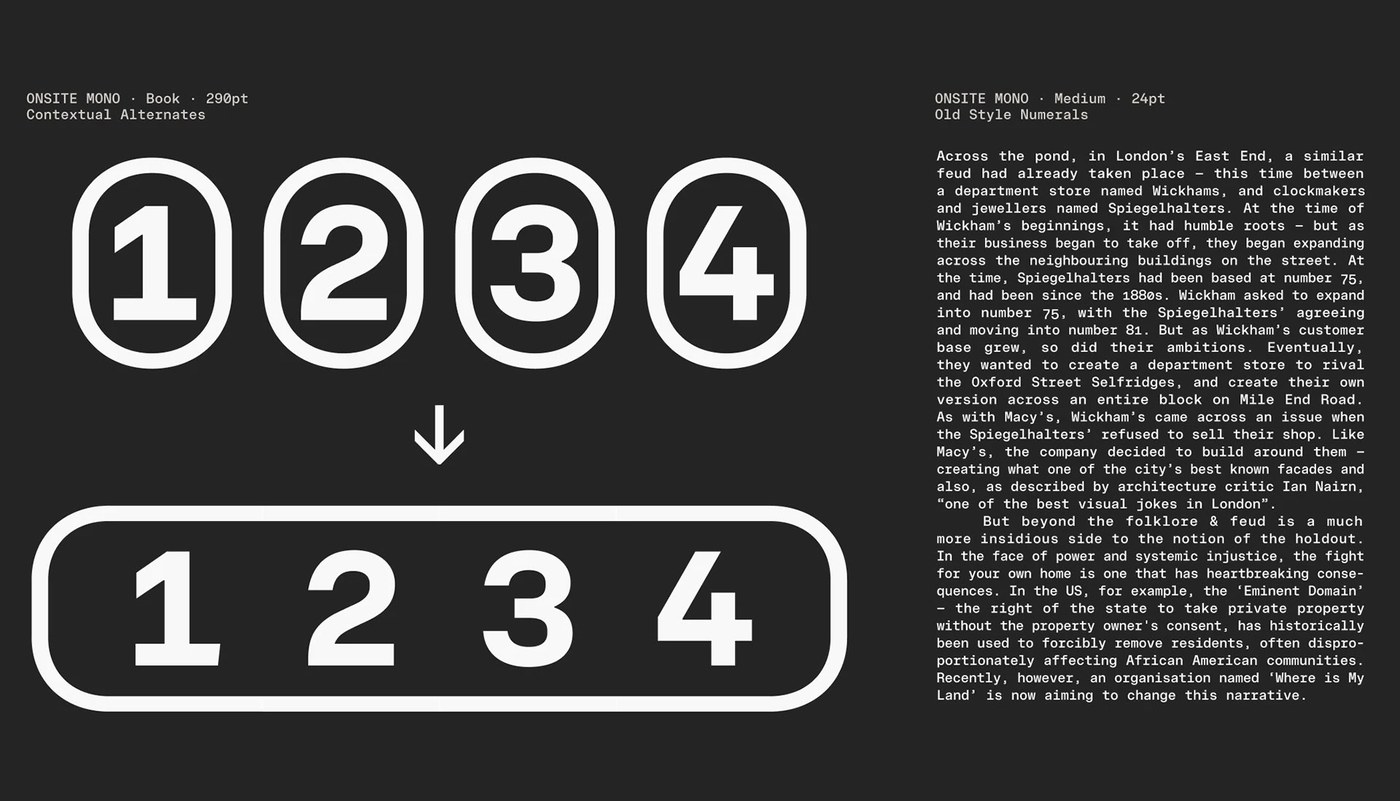 Contextual numeral alternates and pill badge glyphs displayed in Onsite Mono type design specimen