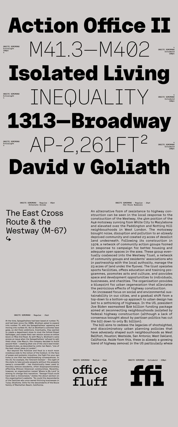 Comprehensive Onsite SemiMono specimen sheet displaying alternating font weights from Extralight to Extrabold