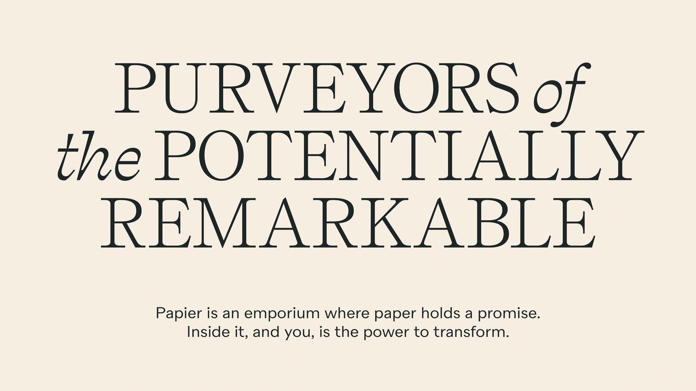Editorial serif typography statement for Papier brand identity by Ragged Edge