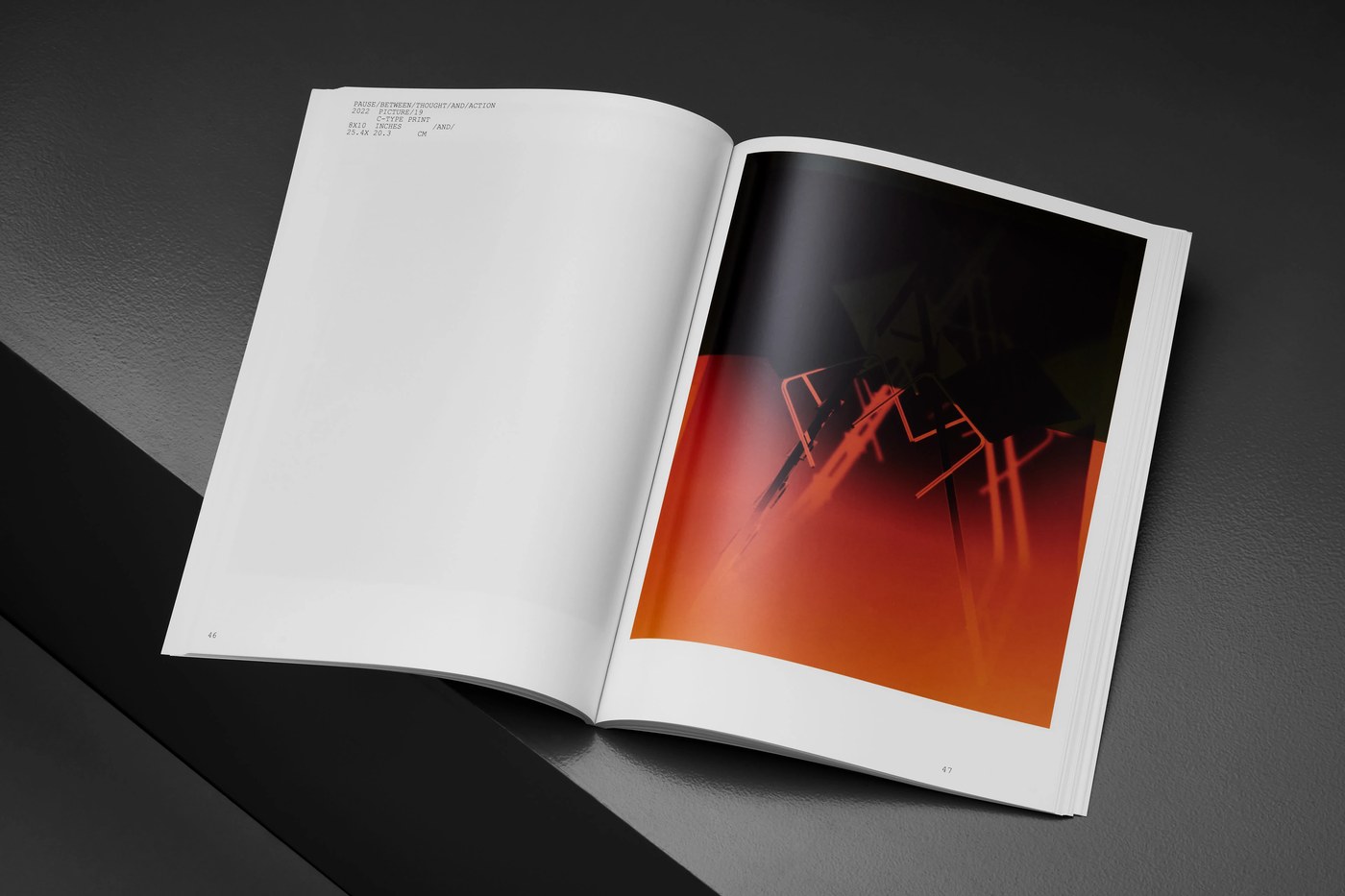 Open monograph spread balancing minimal typography with vibrant darkroom luminogram plate — editorial design by Lundgren+Lindqvist