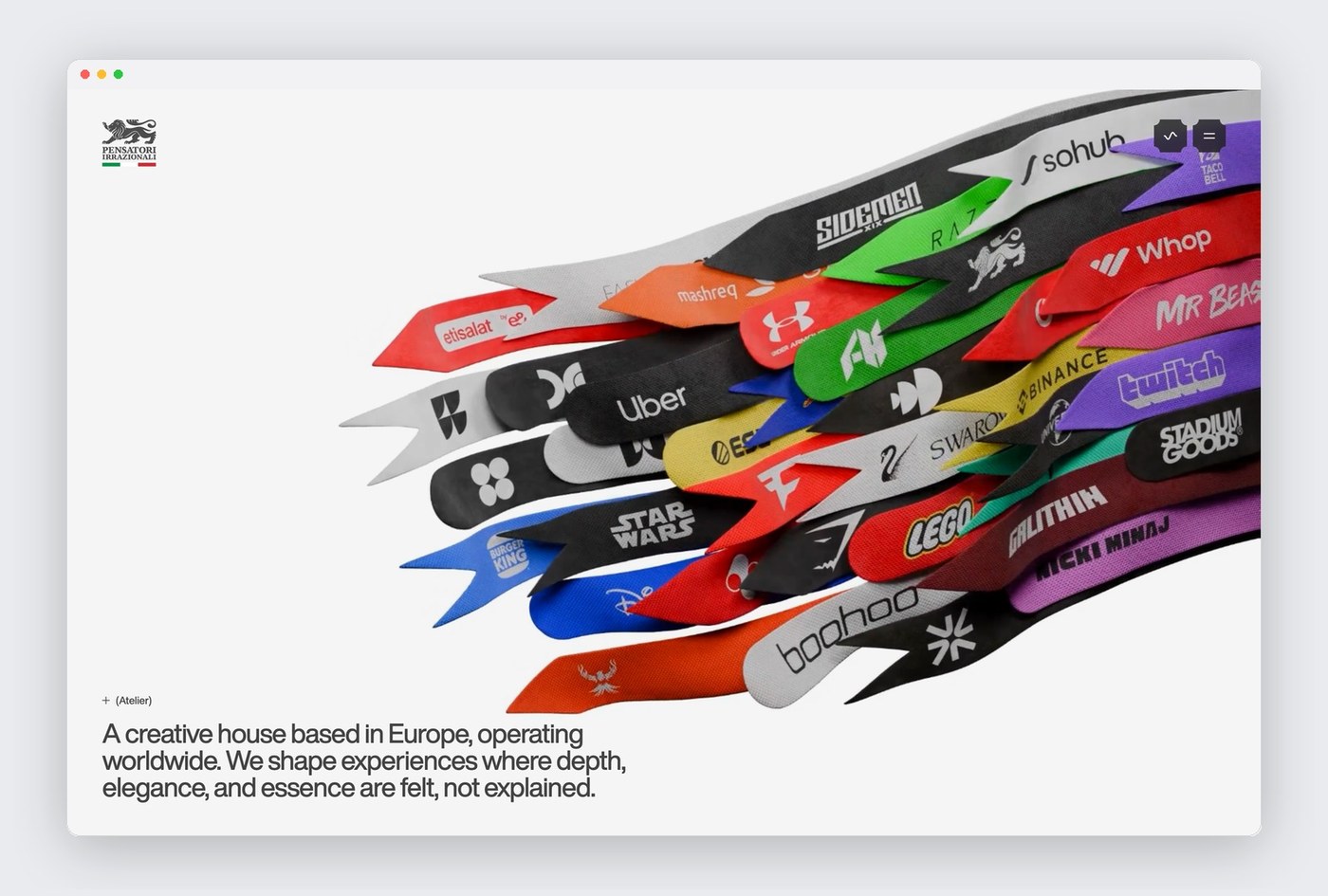 Interactive WebGL ribbon simulation and minimalist atelier header in Pensatori Irrazionali web design