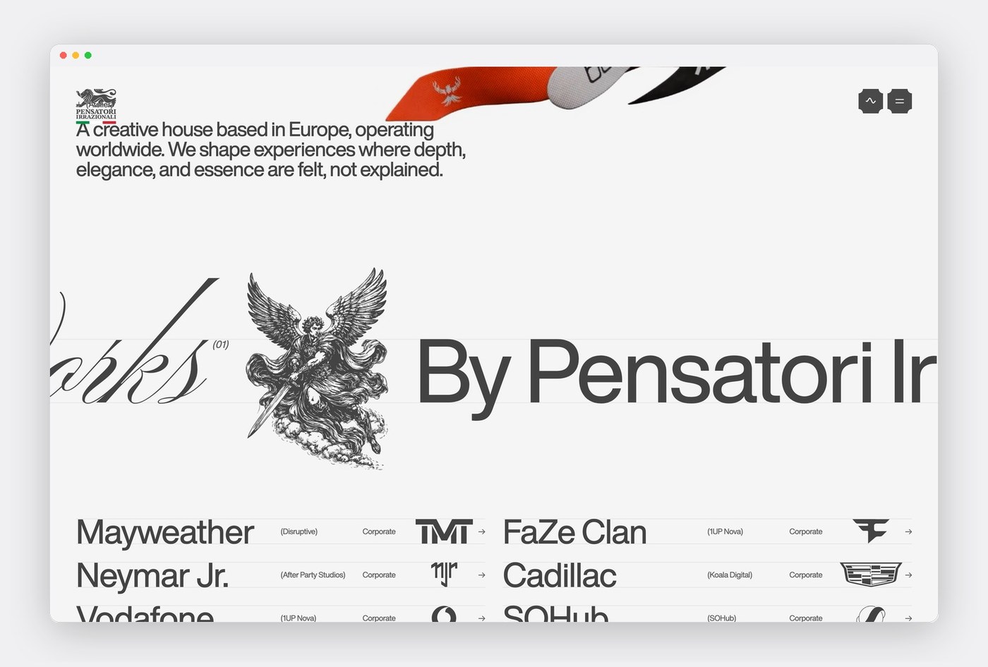 Editorial works directory with hand-etched angel engraving and client index in Pensatori Irrazionali web design