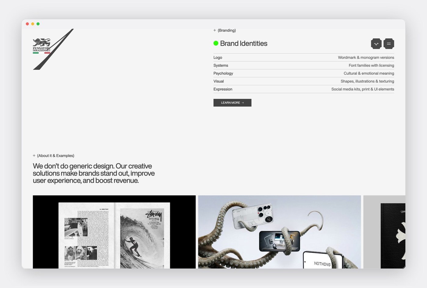 Brand identities modular section with Stüssy editorial spreads in Pensatori Irrazionali web design