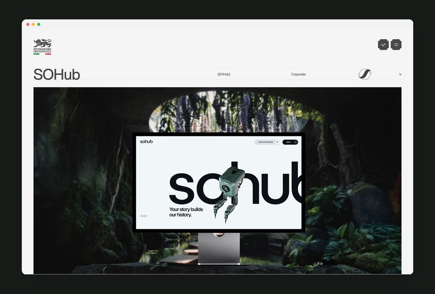 SOHub interactive platform interface on Apple Studio Display in Pensatori Irrazionali web design