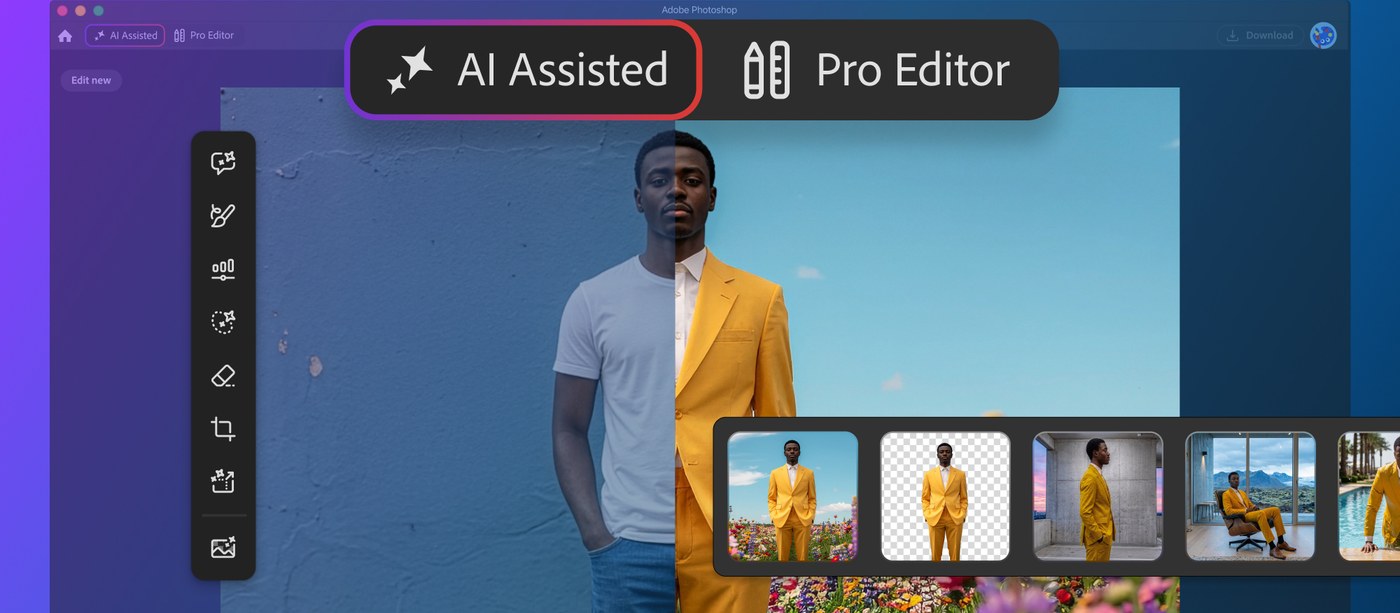 AI Assisted Editor interface and Contextual Task Bar workflow in Photoshop AI features