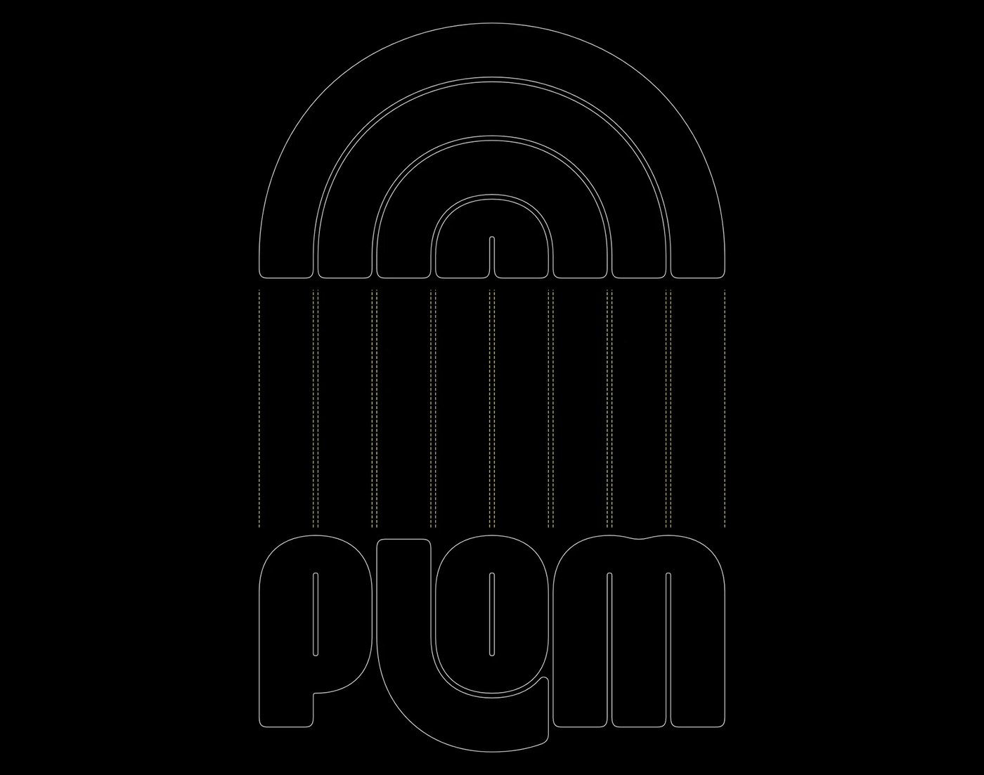Plom concentric arch geometry and typographic specimen blueprint — brand identity by Brand Brothers