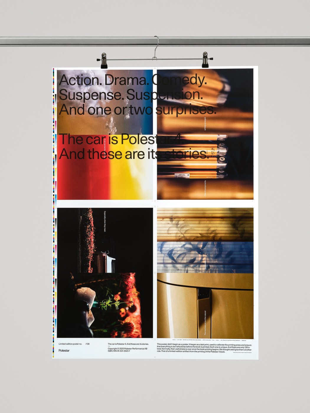 Polestar 4 poster design and typography overprint on press calibration make-ready sheets by Lundgren+Lindqvist