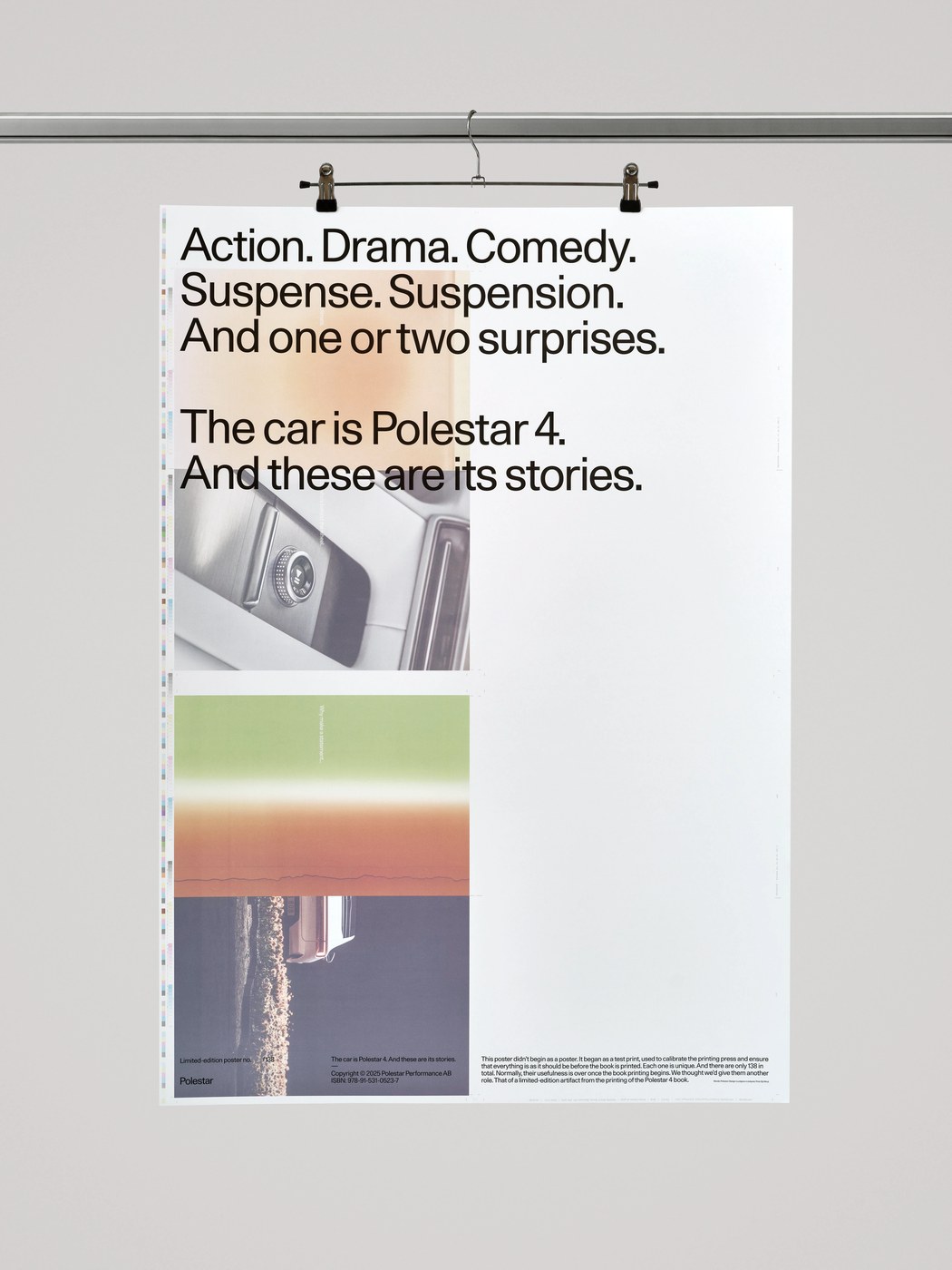 Automotive interior dial detail and color registration bars in Polestar 4 poster design
