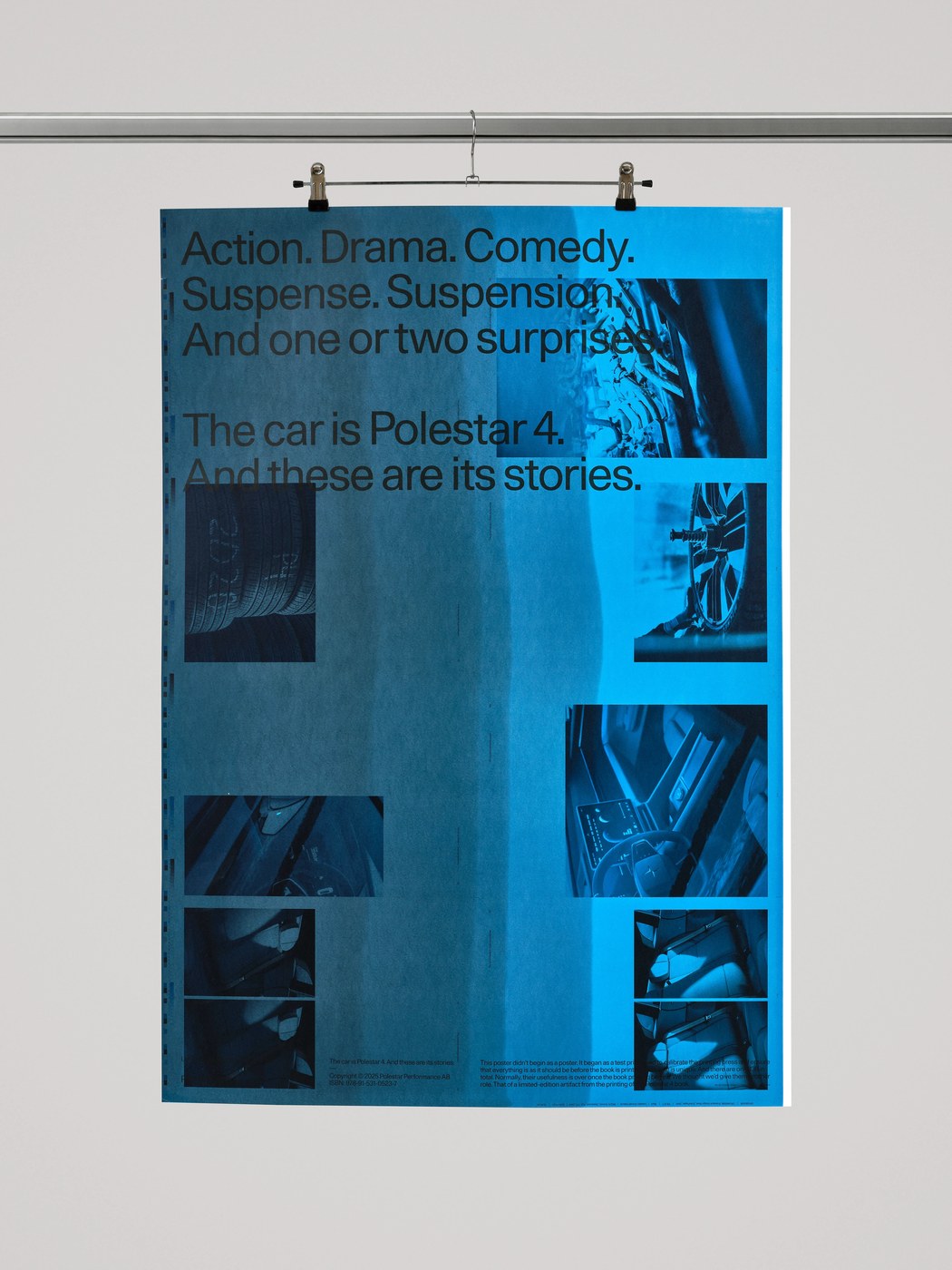 Monochrome cyan paper stock poster design featuring technical typography and chassis imagery