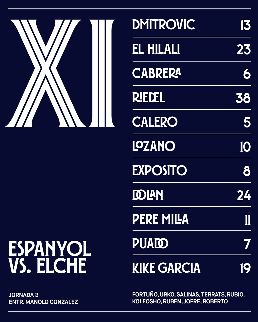 Matchday starting eleven team sheet layout with tabular typographic alignment on deep navy