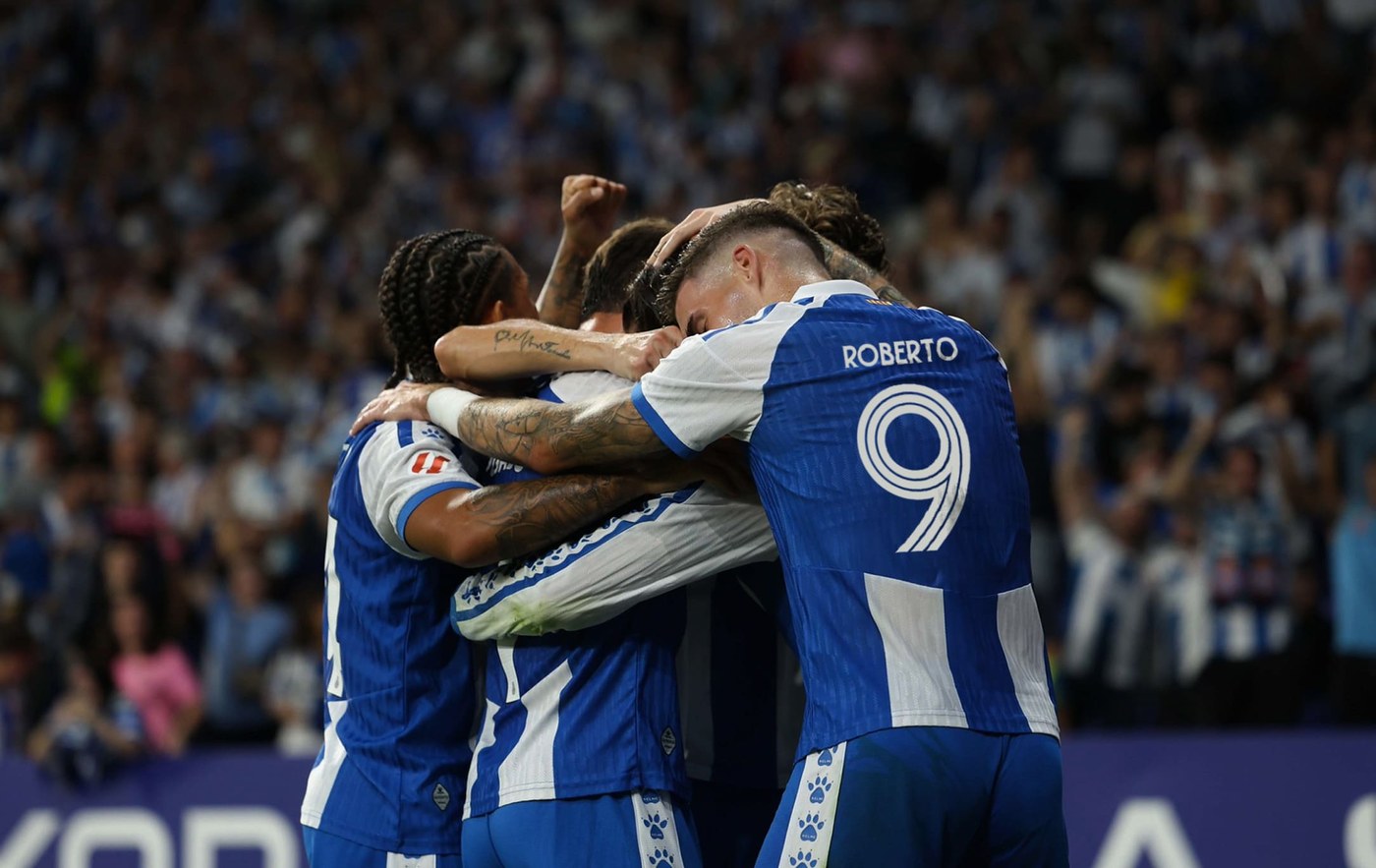 Stadium match application showing players celebrating with Perico Type typography in action