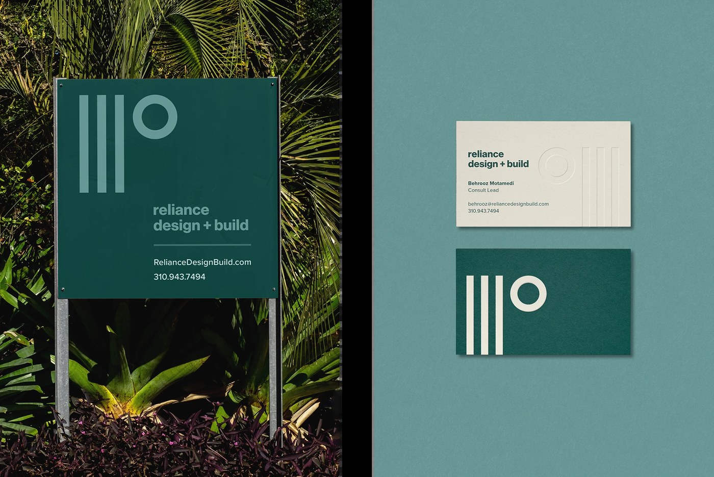 Reliance brand identity print stationery suite showing business cards and envelopes