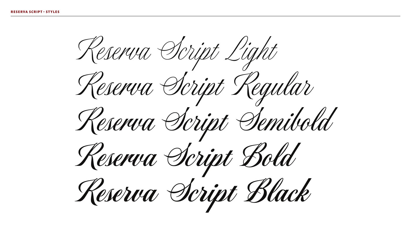 Five weight styles from Light to Black showcased in Reserva Script typography design
