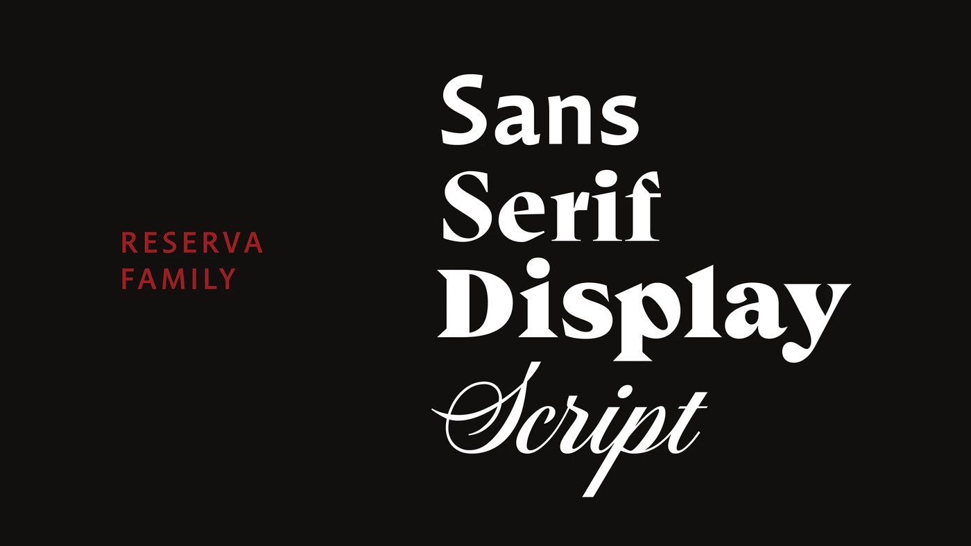 Reserva brand typography ecosystem integrating Sans, Serif, Display, and Script typefaces