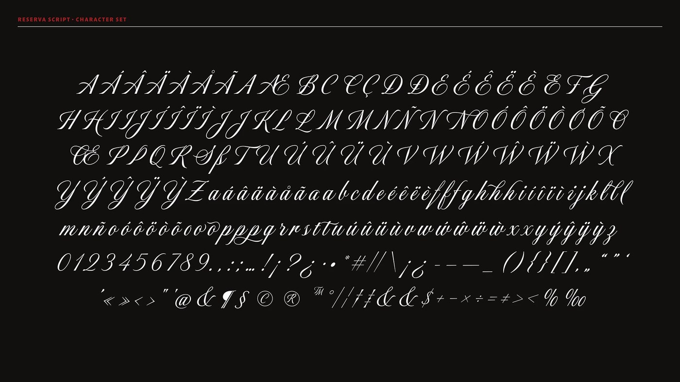 Full character set and OpenType diacritics specimen for Reserva typography design by Plau