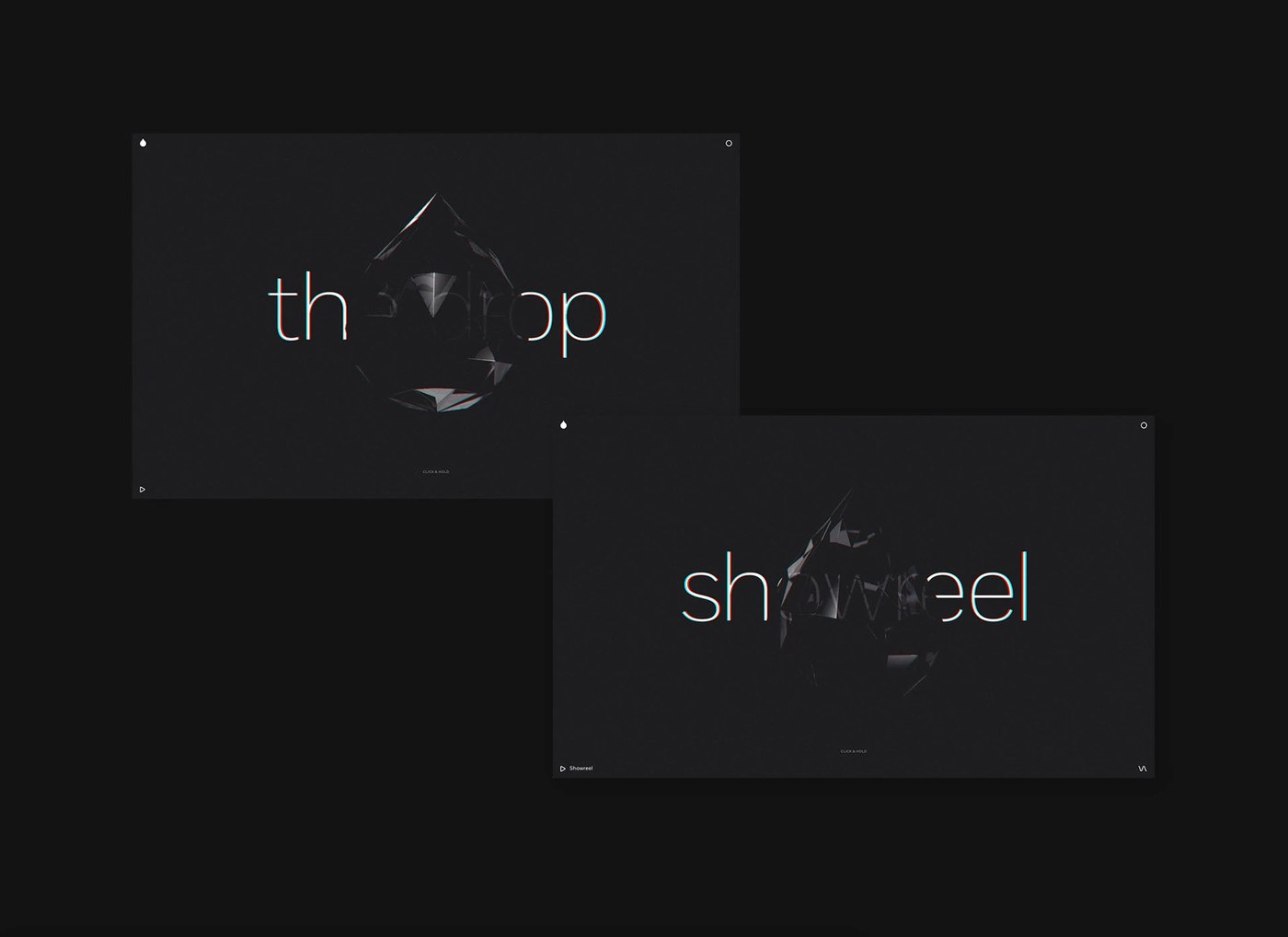 Layered interface cards displaying the drop and showreel click-and-hold interactive mechanics — web design by Marcus Brown for Resn