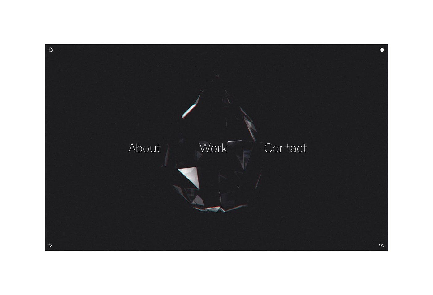 Minimalist navigation menu layout featuring About, Work, and Contact over refractive brand icon — web design by Marcus Brown for Resn