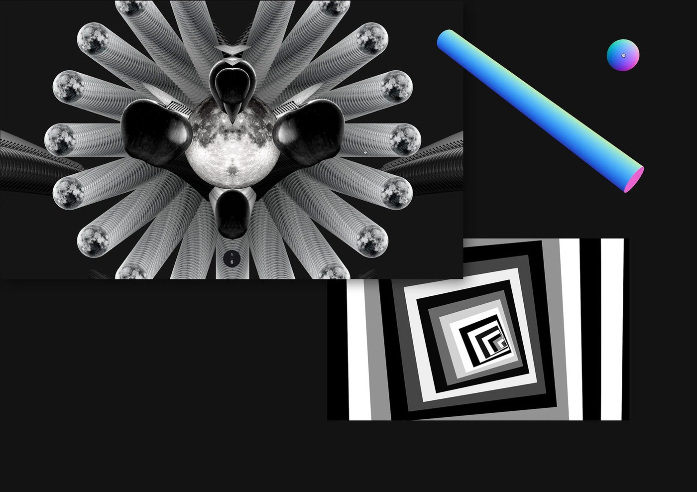 Surreal audiovisual interactive playground experiments including mechanical eye mandala and geometric shaders — web design by Marcus Brown for Resn