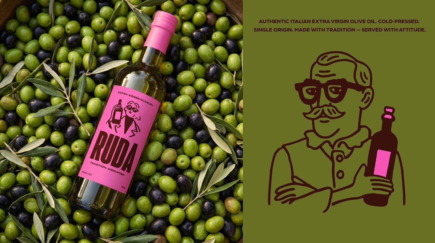 Olive oil packaging application with high-contrast brand identity typography.