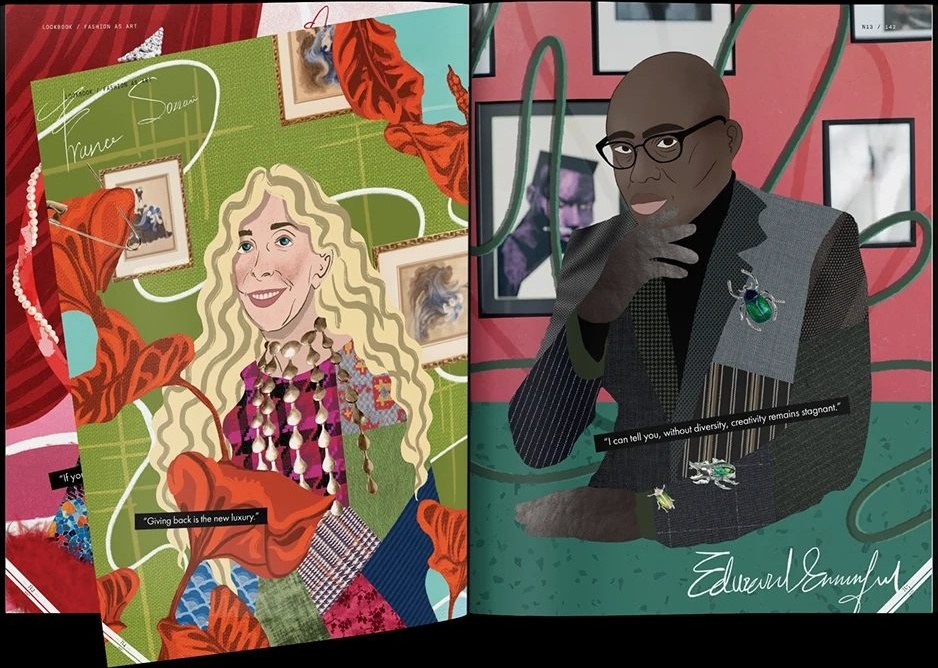 Magazine spread with mixed-pattern collage portraits of Franca Sozzani and Edward Enninful