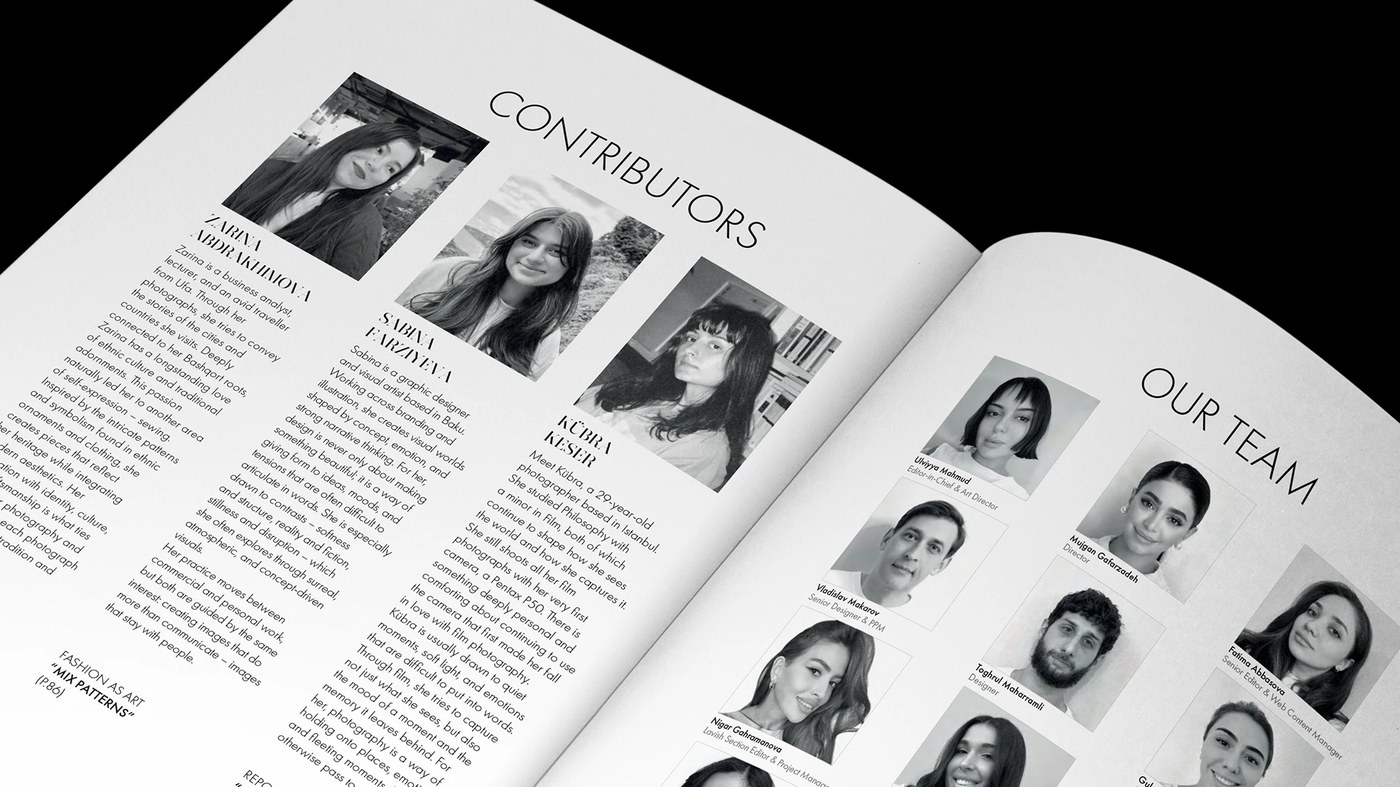 Nargis Magazine contributors page featuring Sabina Farziyeva artist bio and portrait