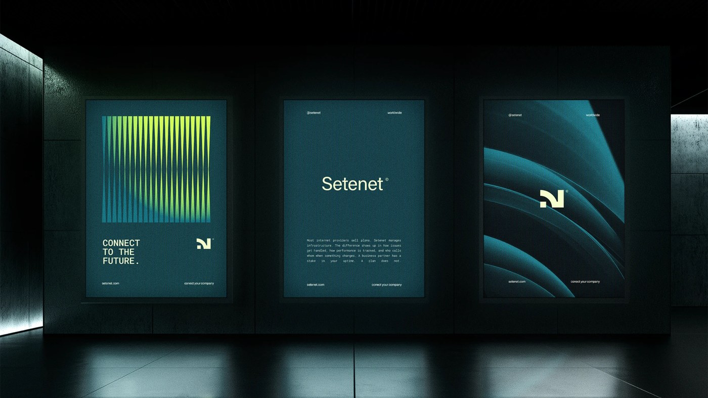 Setenet architectural backlit lightboxes with fiber optic graphics in concrete gallery brand identity