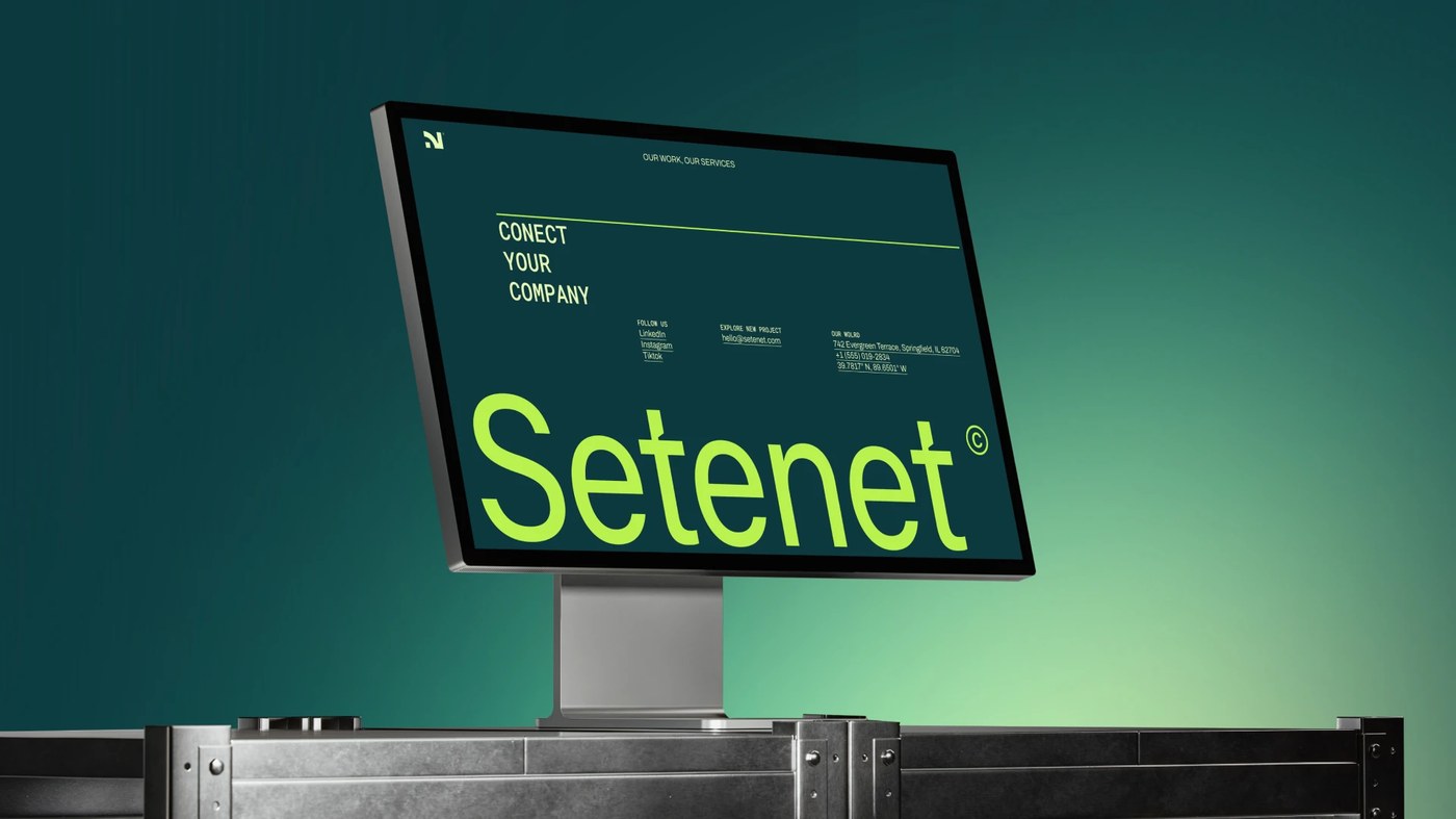 Setenet enterprise internet landing page on industrial rack monitor brand identity
