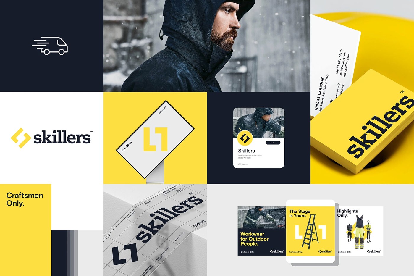 Skillers brand identity packaging and workwear applications