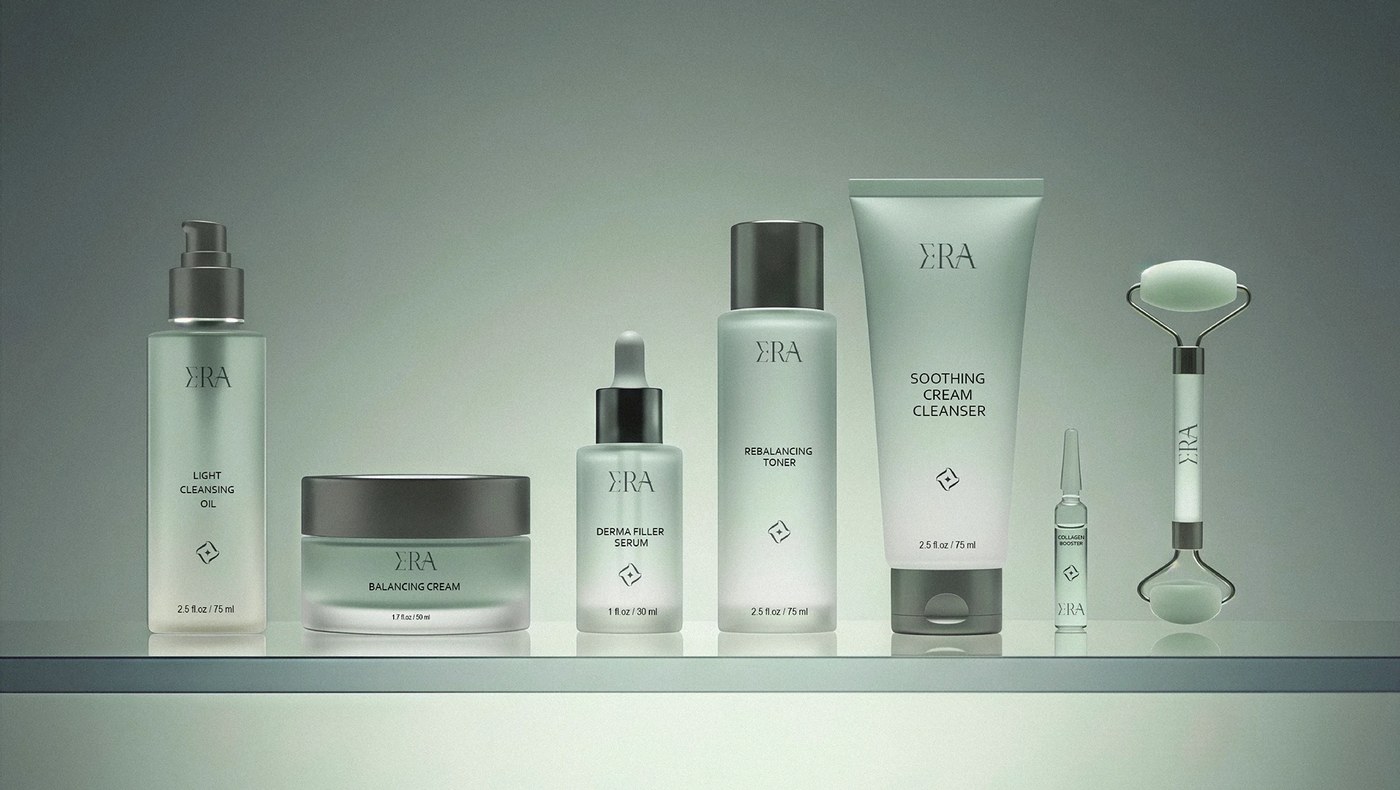 Cosmetic packaging mockup showing skincare branding system