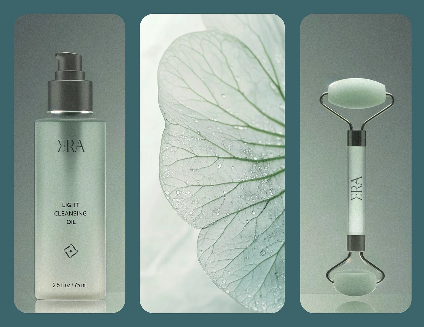 Cosmetic bottles detailing clean skincare branding labels