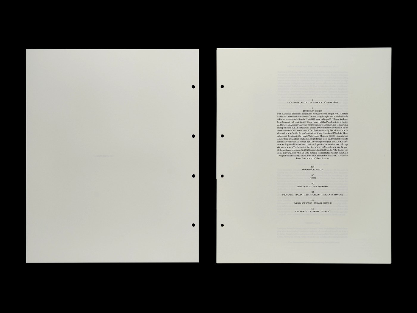 Table of contents spread listing twenty-five winning books typeset in Tid for Svensk Bokkonst editorial design