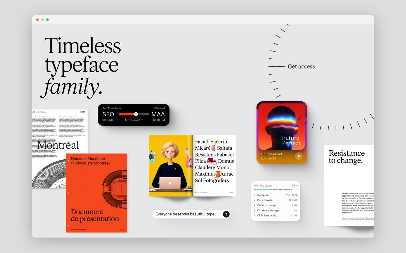 Timeless Type web design interactive circular dial and digital interface card widgets