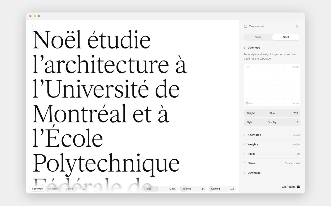 Timeless Type interactive type playground web app in Serif mode with weight and optical sizing controls