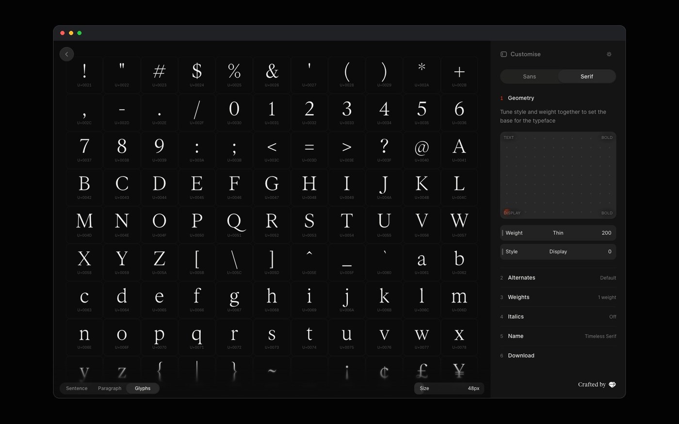 Timeless Type dark mode interactive glyph matrix showing character sets and alternates