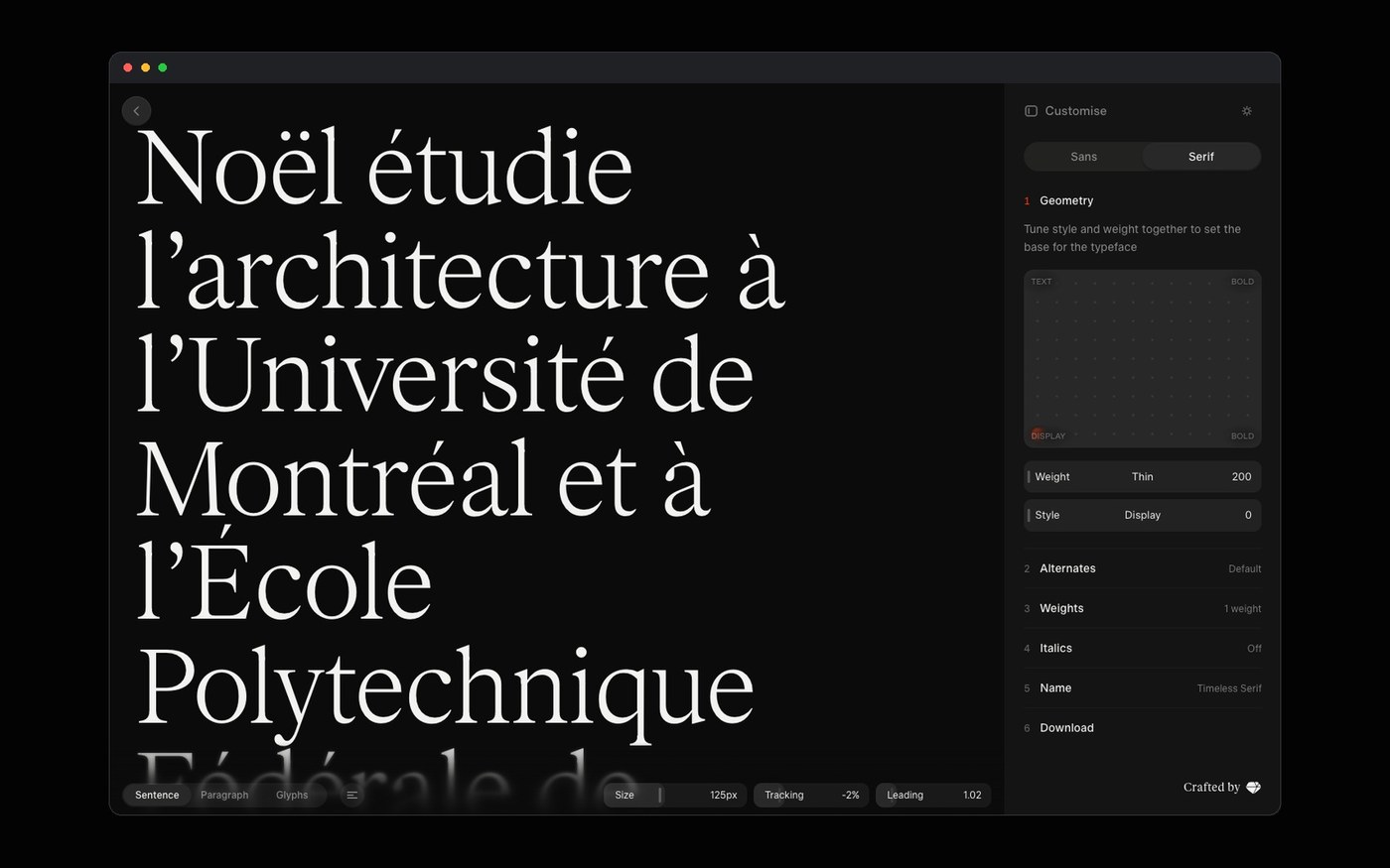 Timeless Type dark mode type specimen playground showcasing high contrast typography