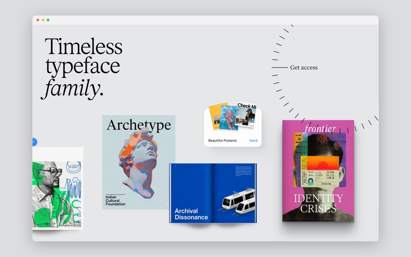 Timeless Type web design interface telemetry components including flight tracker and podcast player widgets