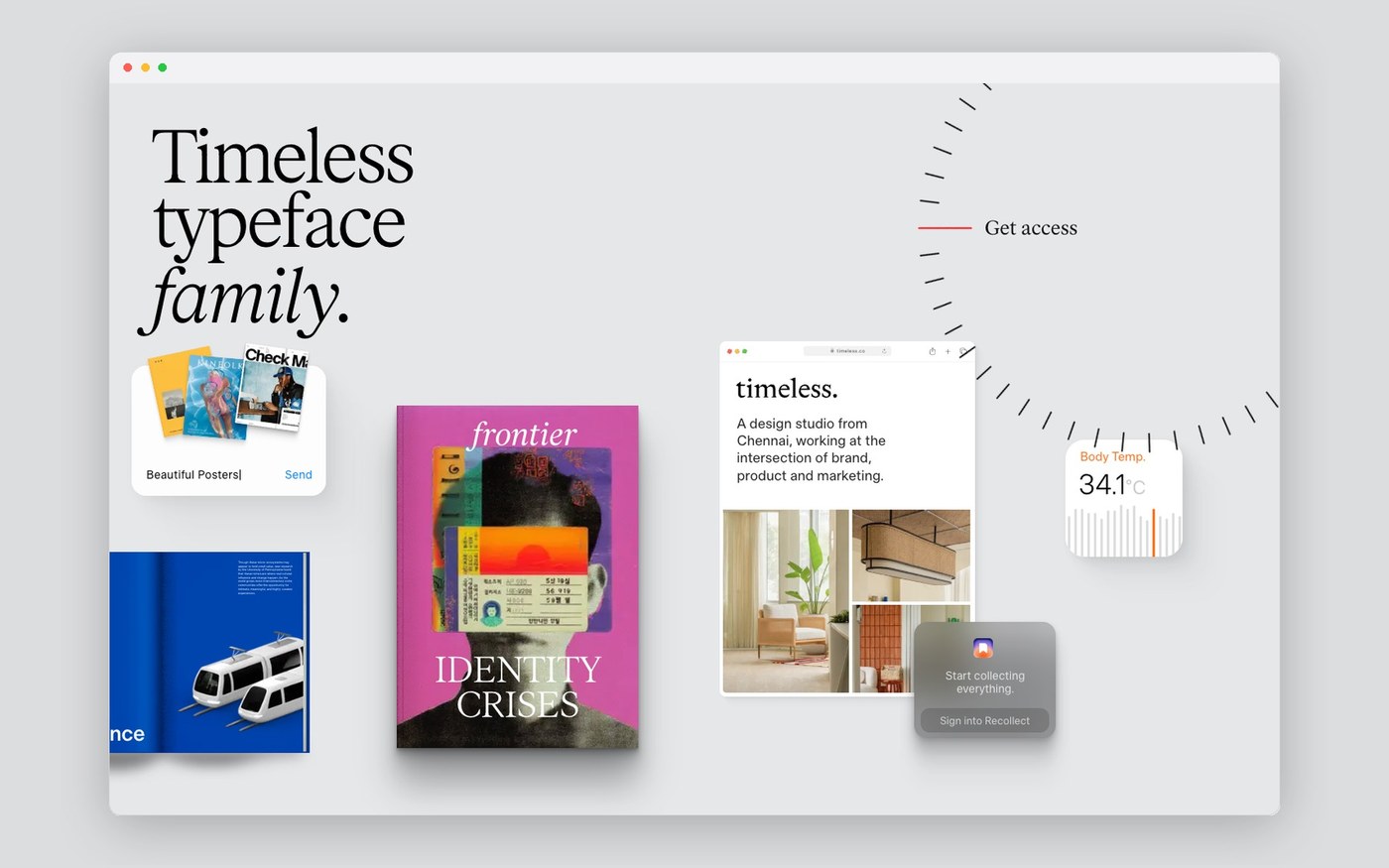 Timeless Type editorial book covers and studio window in minimalist browser frame