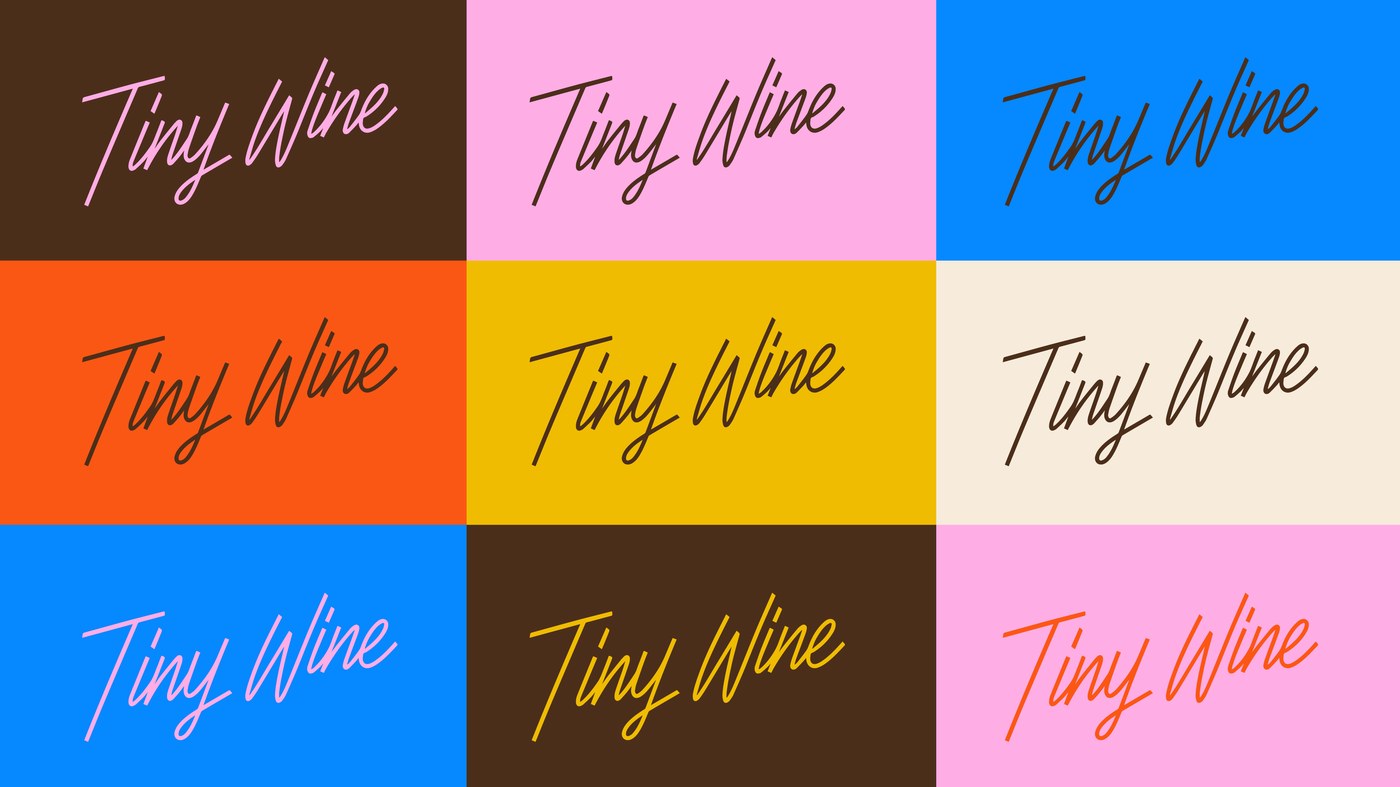 Tiny Wine 9-cell chromatic grid matrix branding system with custom cursive script wordmark