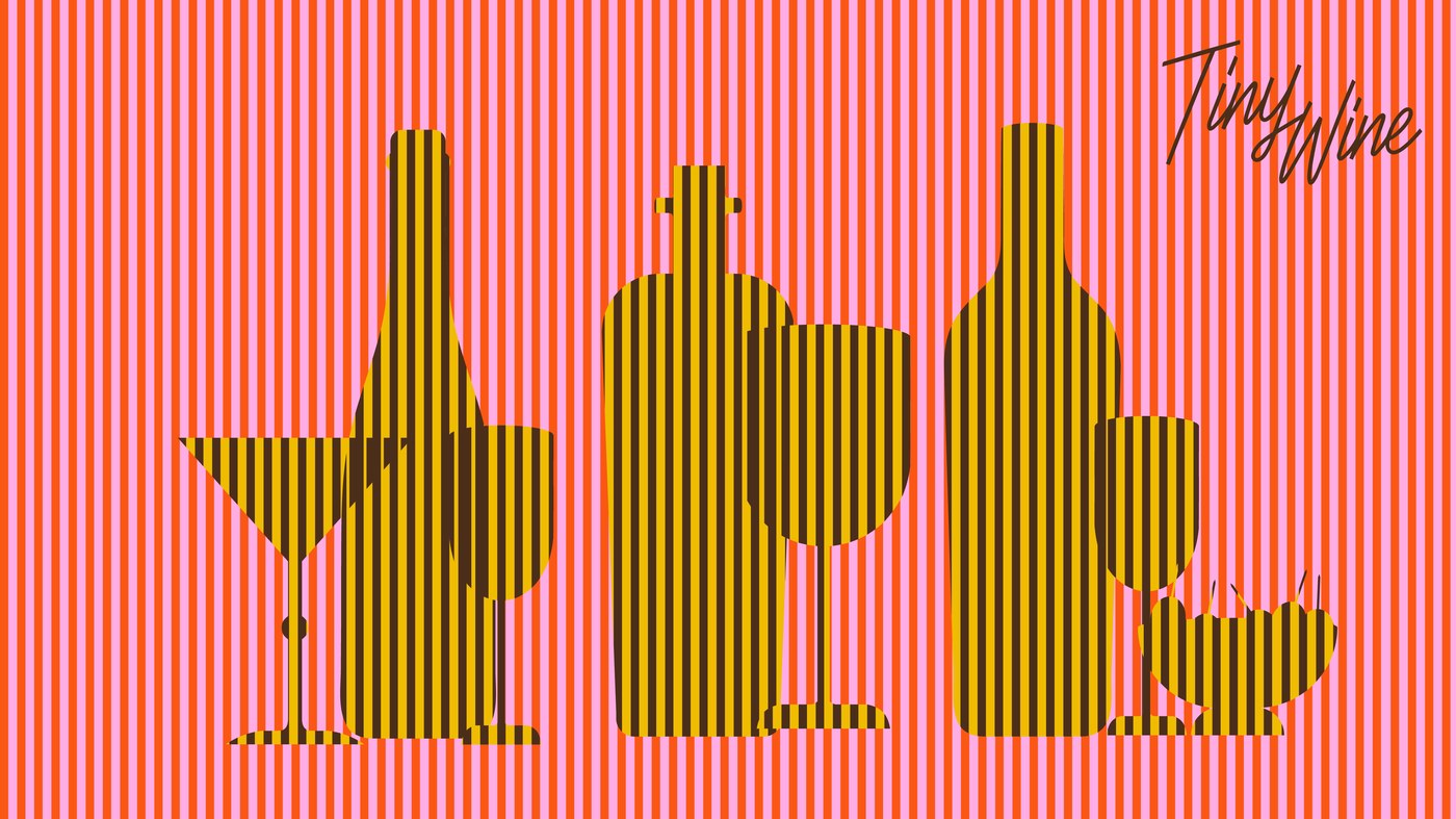 Optical pinstripe op-art illustration of wine bottles and glassware in Tiny Wine branding