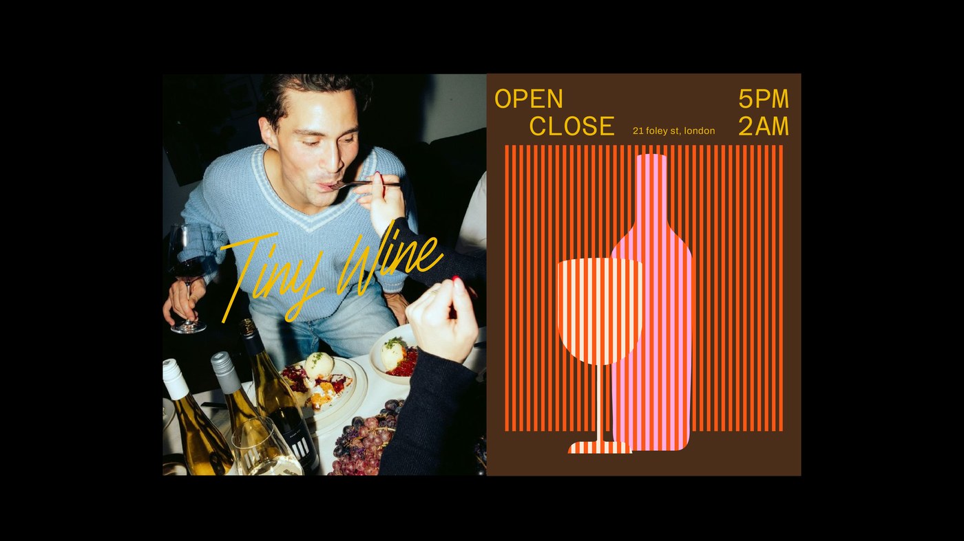 Editorial dining photography and espresso brown poster layout for Tiny Wine branding