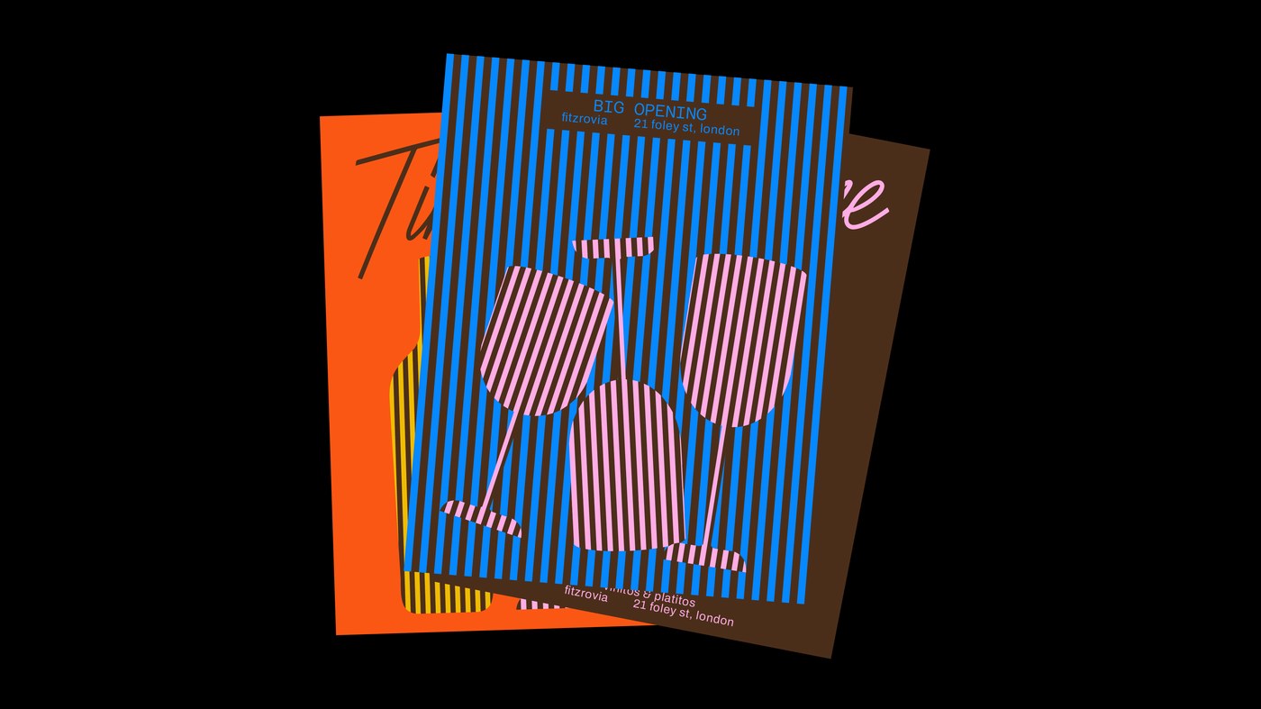 Stacked event opening posters in electric azure blue and orange for Tiny Wine branding