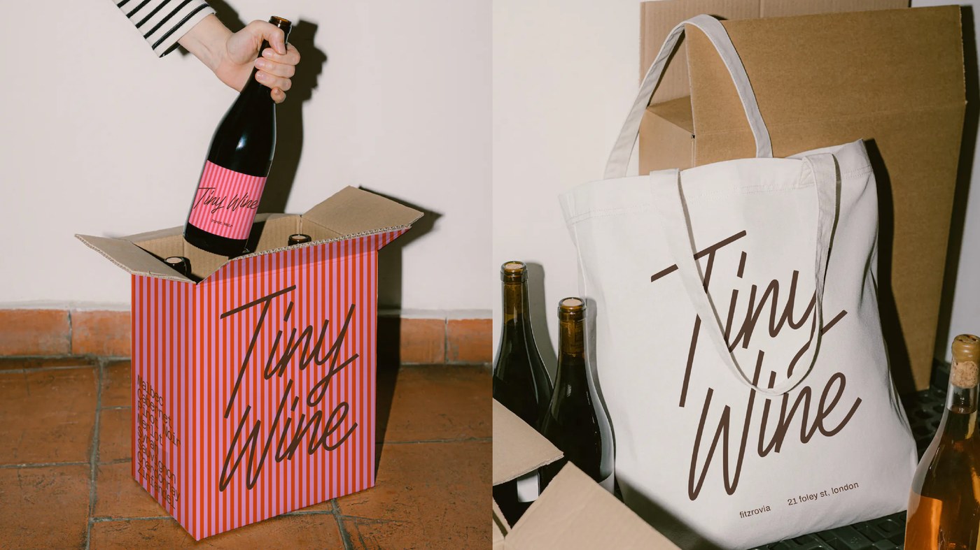 Corrugated wine shipping box and canvas tote bag with Tiny Wine cursive script branding