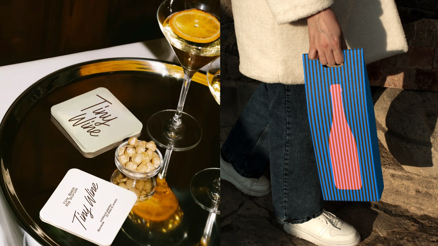 Rounded drink coasters on brass tray and die-cut wine bottle bag in Tiny Wine branding