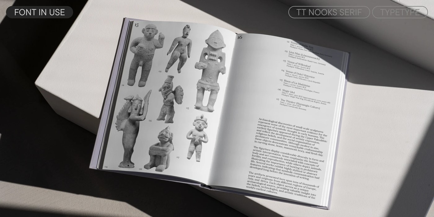 Printed exhibition catalog book spread featuring TT Nooks Serif typography design in natural light