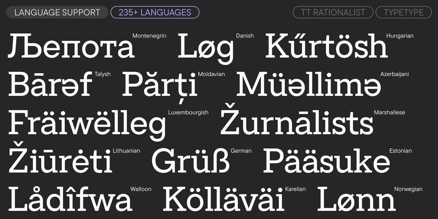 Multi-language character set specimen supporting 235+ languages across Latin and Cyrillic scripts in TT Rationalist typography