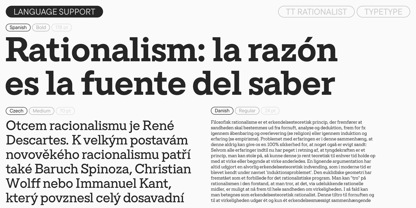 Editorial typesetting layout comparing Spanish, Czech, and Danish text settings across various point sizes in TT Rationalist typography