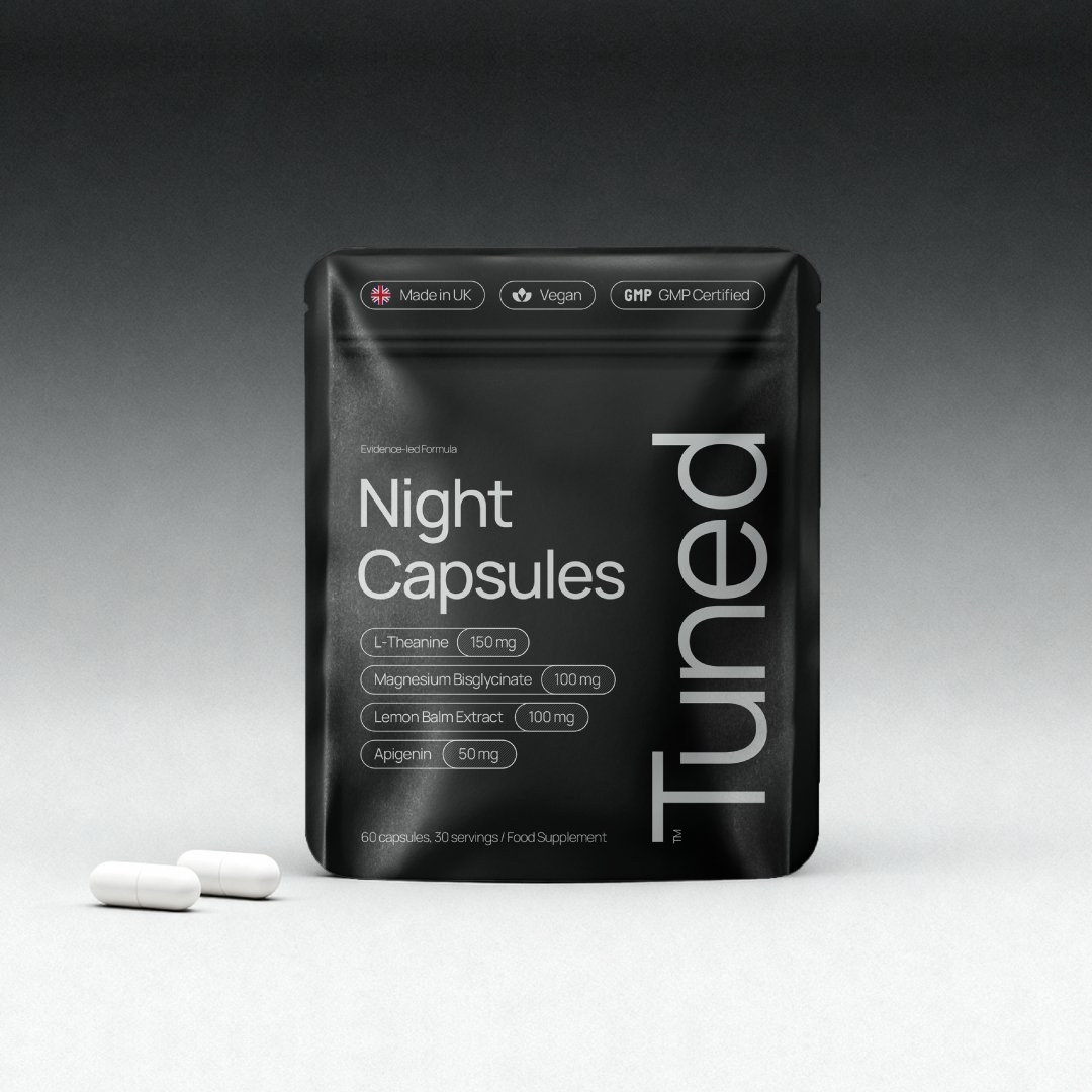Tuned sleep supplement packaging design and brand identity system overview featuring night capsules pouch with vertical wordmark and dosage telemetry