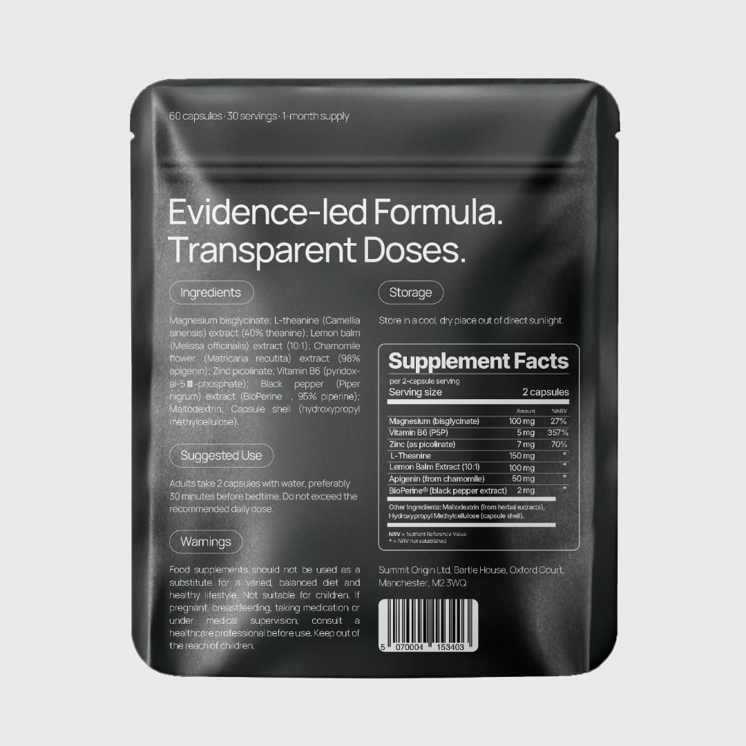 Tuned packaging design back view showing evidence-led formula and supplement facts panel