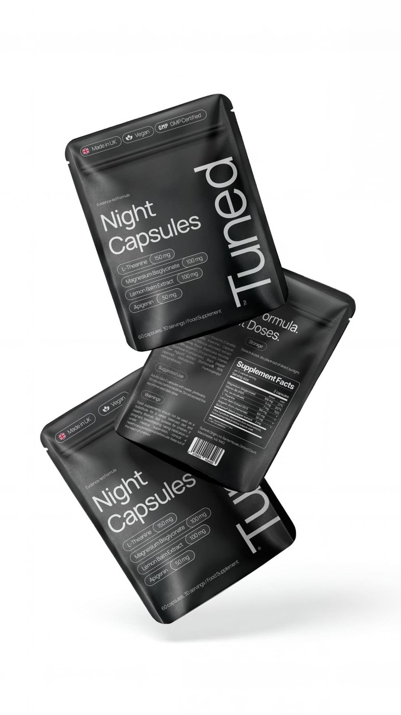 Trio of Tuned sleep supplement pouches floating in dynamic perspective