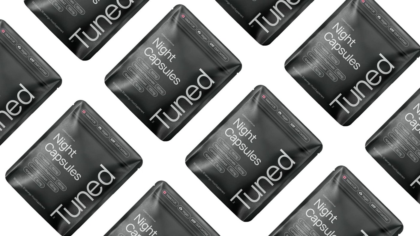 Pattern layout of repeating Tuned sleep supplement packaging pouches